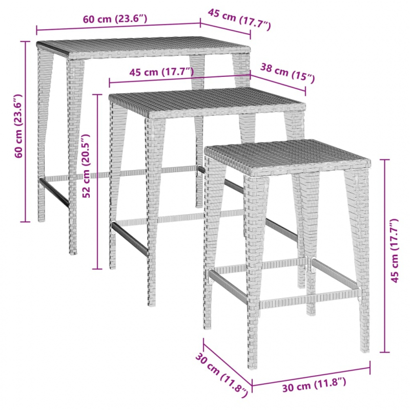 Garten-Satztische 3 Stk. Braun Poly Rattan