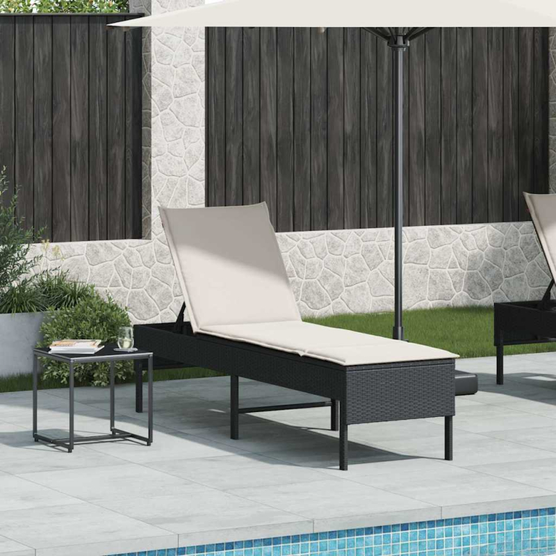 Sonnenliege mit Auflage Schwarz 55x200x44 cm Poly Rattan
