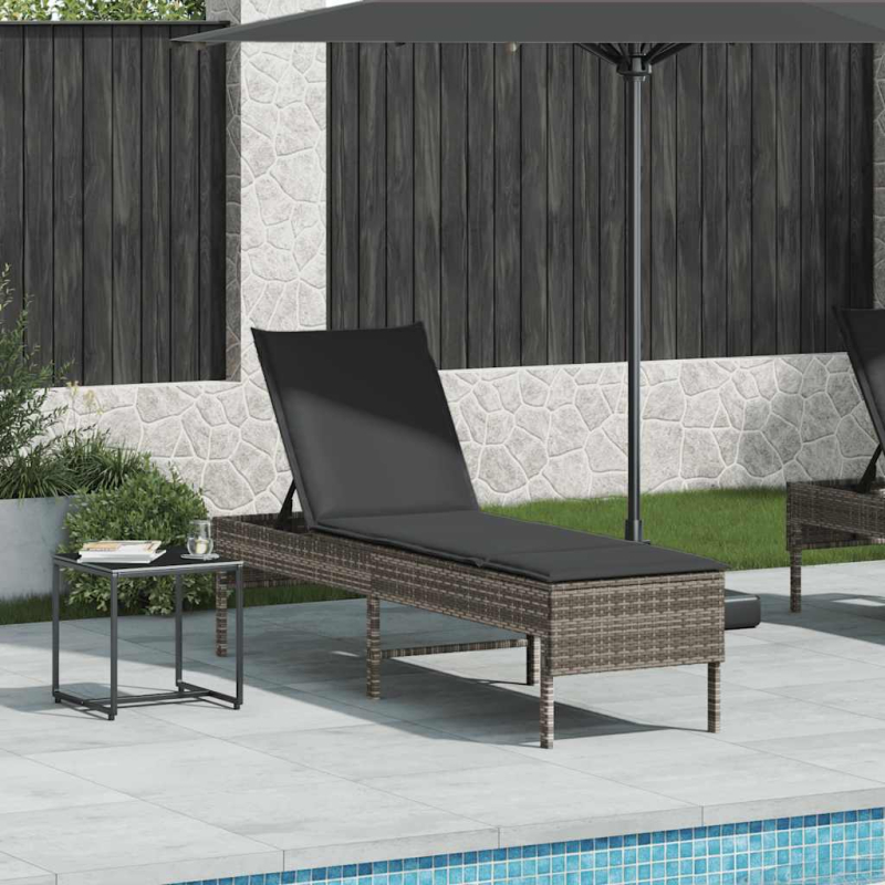 Sonnenliege mit Auflage Grau 55x200x44 cm Poly Rattan