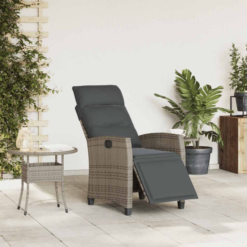 Gartensessel mit Beistelltisch Verstellbar Grau Poly Rattan