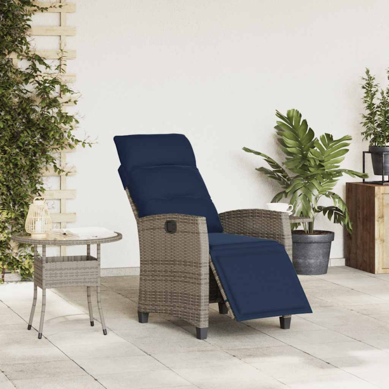 Gartensessel mit Beistelltisch Verstellbar Grau Poly Rattan