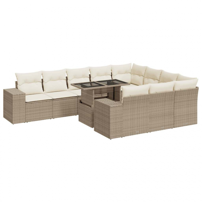 11-tlg. Garten-Sofagarnitur mit Kissen Beige Poly Rattan