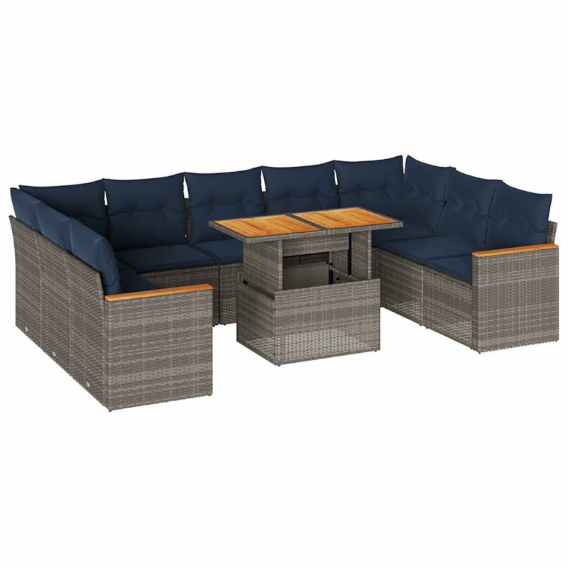 10-tlg. Garten-Sofagarnitur mit Kissen Grau Poly Rattan