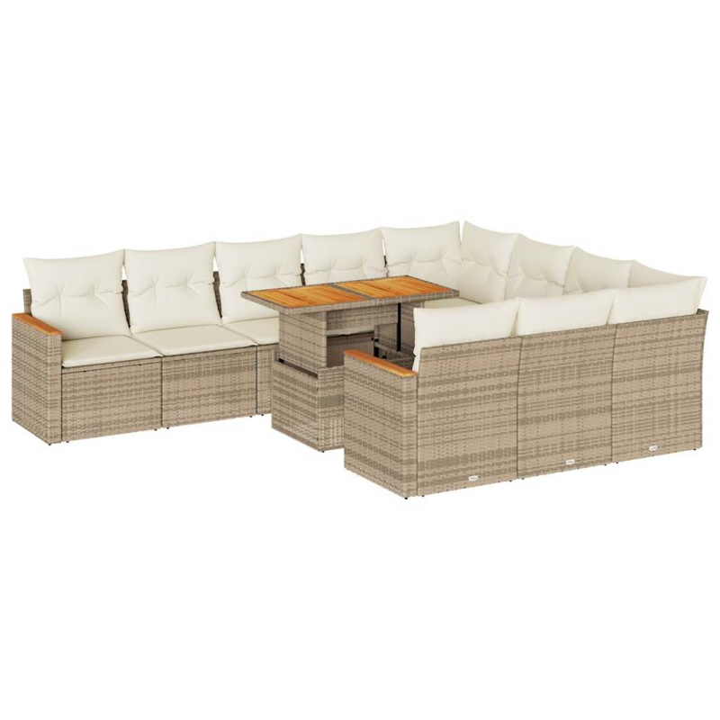 11-tlg. Garten-Sofagarnitur mit Kissen Beige Poly Rattan Akazie