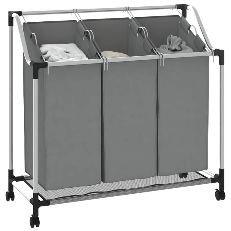 Wäschekorb mit Rollen 3 Fächer Grau