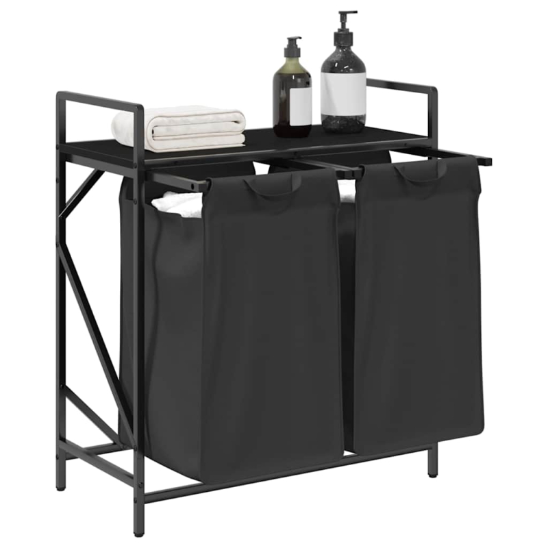 Wäschekorb 2 Fächer mit Ablage Schwarz Eichen-Optik