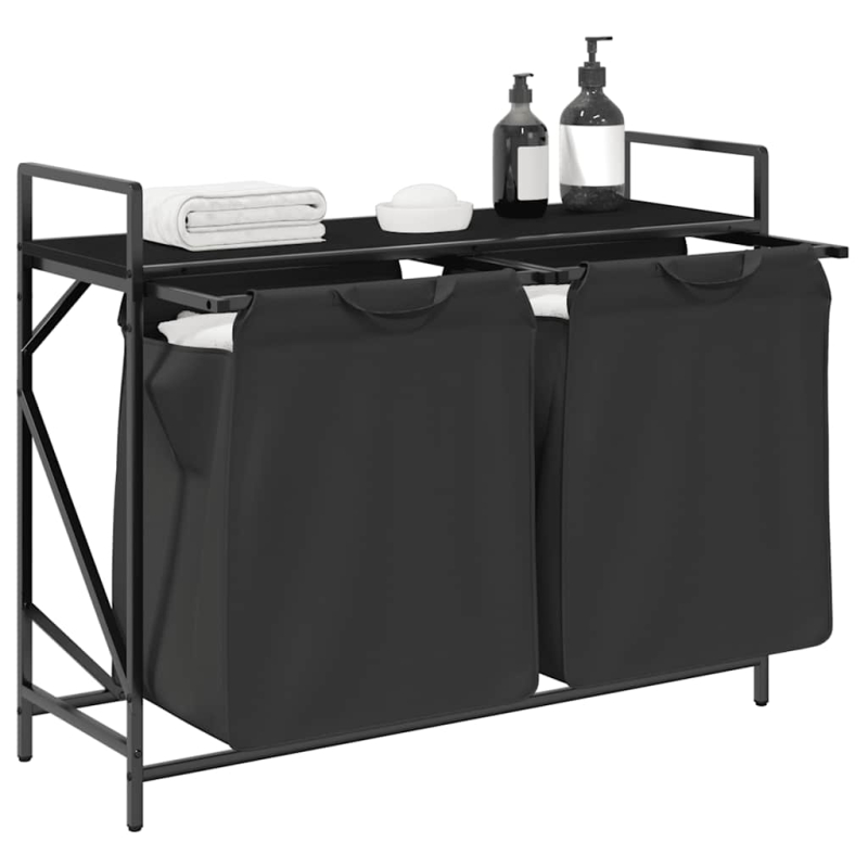 Wäschekorb 2 Fächer mit Ablage Schwarz Eichen-Optik