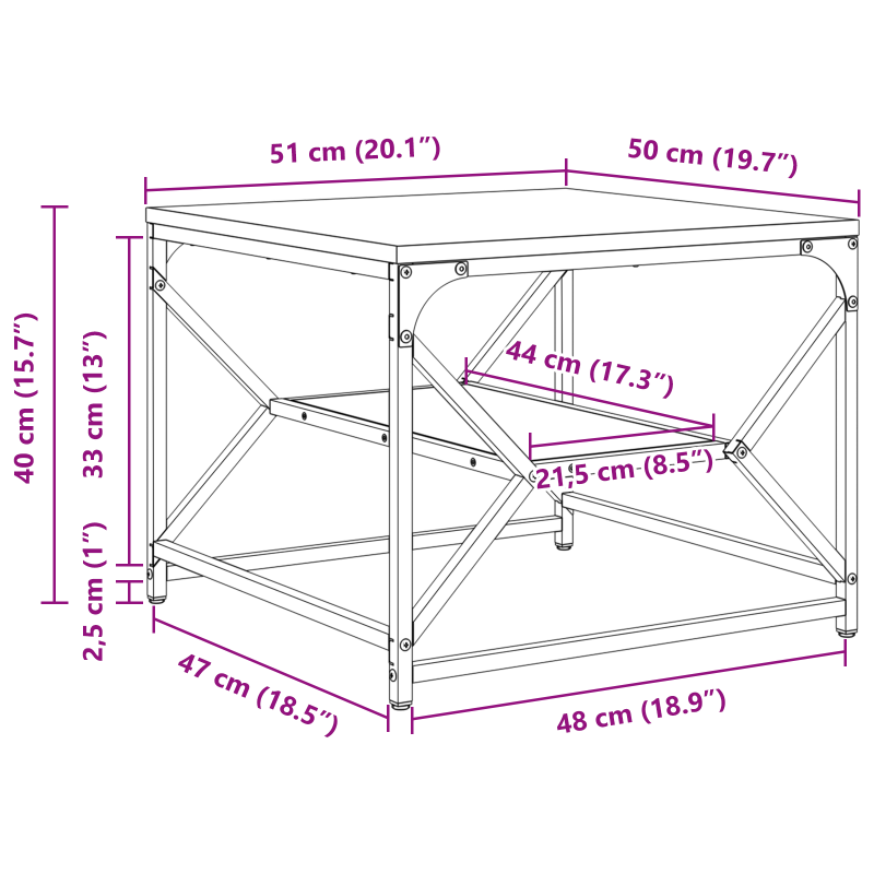 Couchtisch mit Regal in Rauch-Eiche 51x50x40 cm aus Faserholz