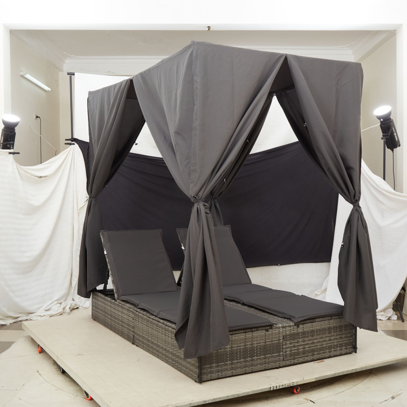 Doppel-Sonnenliege mit Dach und Vorhängen Grau Poly-Rattan