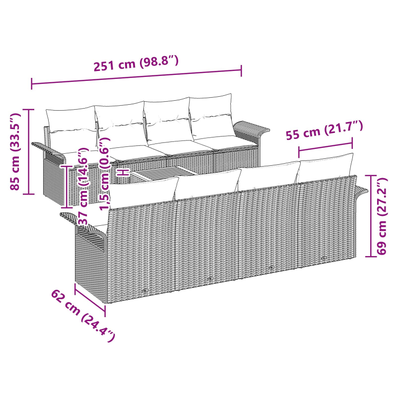 9-teiliges Garten Sofa Set mit Kissen Beige Poly Rattan Akazie