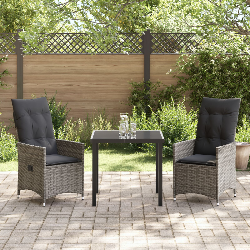 3-teiliges Garten-Esszimmer-Set mit Kissen Grau Poly-Rattan