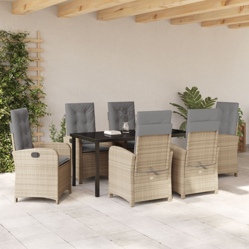 7-teiliges Garten-Essset mit Kissen Beige Poly Rattan