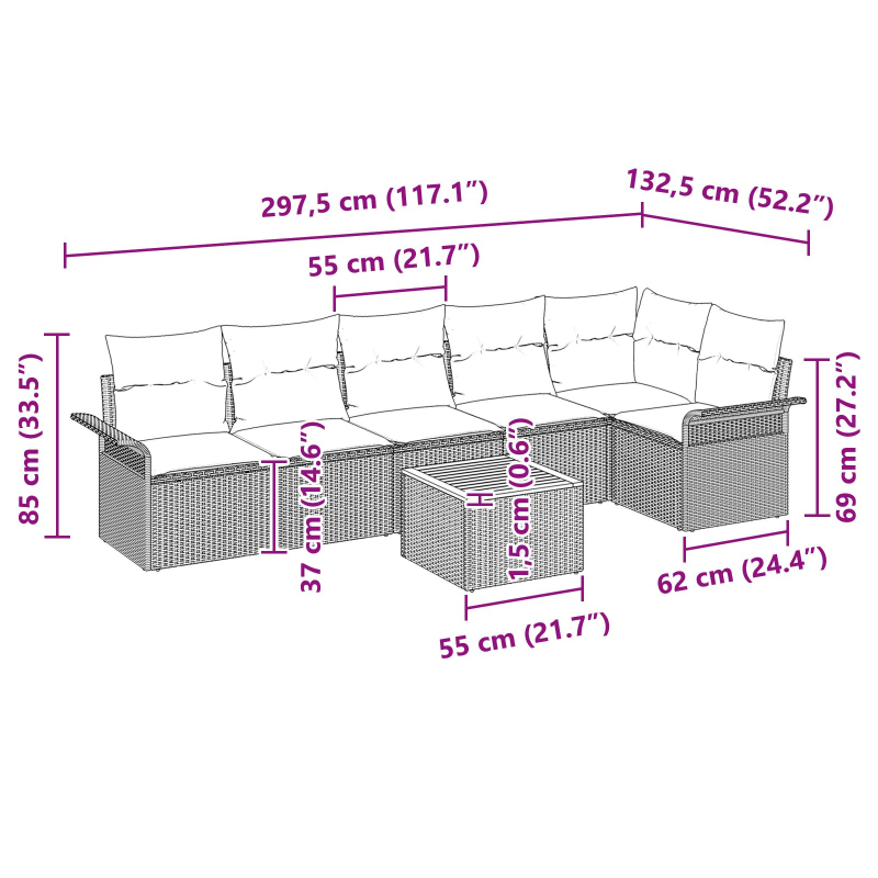 7-teiliges Garten Sofaset mit Kissen Beige Poly Rattan Akazie