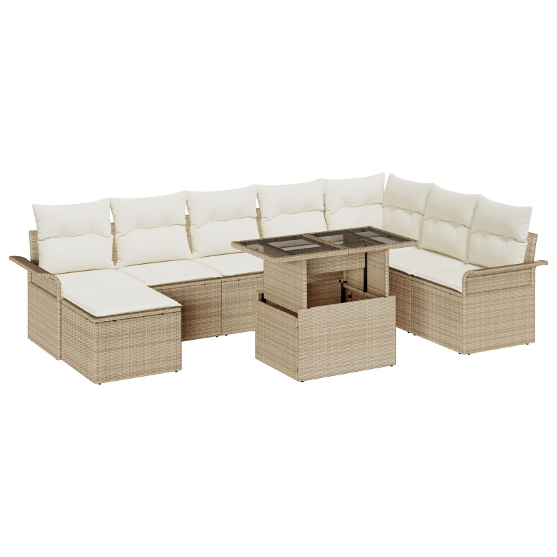 9-teiliges Garten Sofa Set mit Kissen Beige Poly Rattan