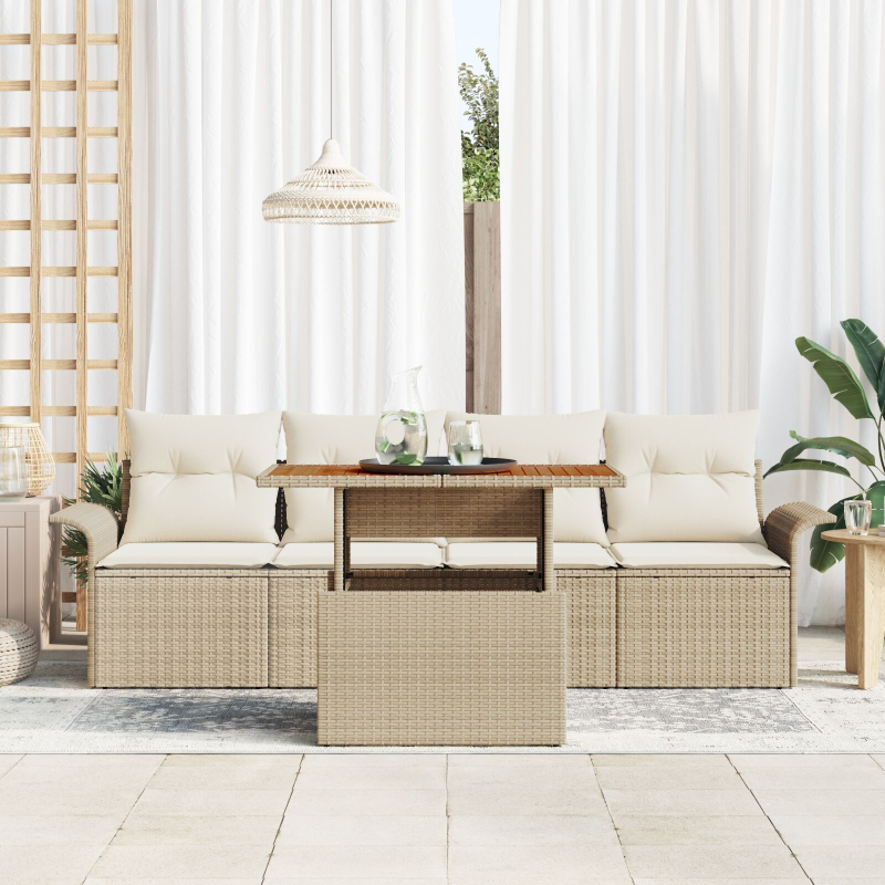 5-teiliges Garten Sofa Set mit Kissen Beige Poly Rattan Akazie