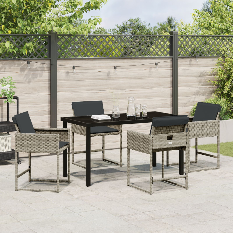 5-teiliges Garten-Dining-Set mit Kissen in Hellgrau aus Poly-Rattan