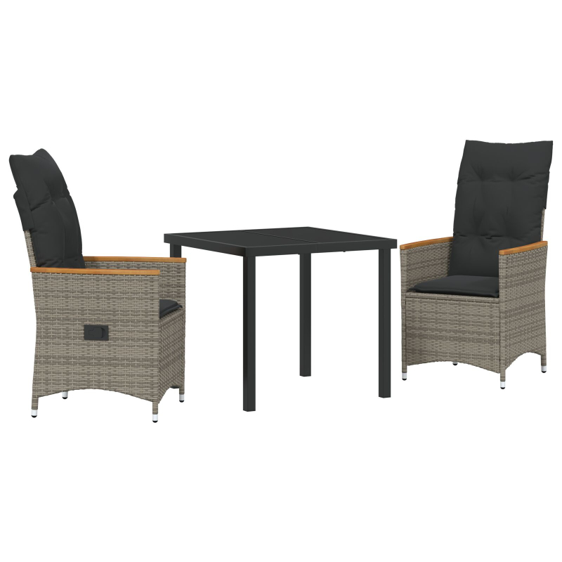 3-teiliges Garten-Ess-Set mit Kissen in Grau und Poly-Rattan