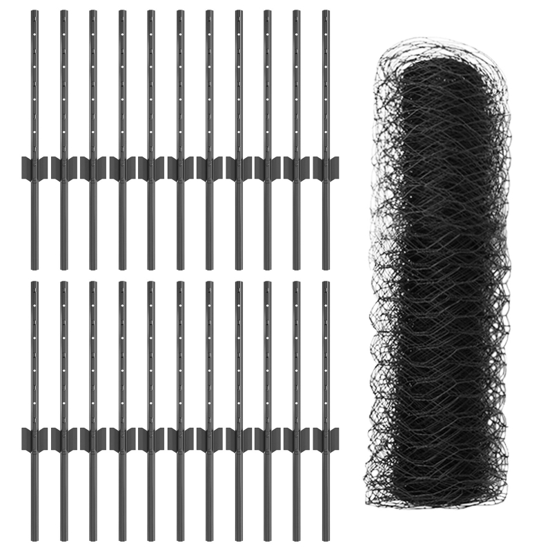 Zaunpfosten 11 Stück U-Kanal Grau 40 cm Stahl, Sechseckzaun Grau 0,4x50 m Stahl
