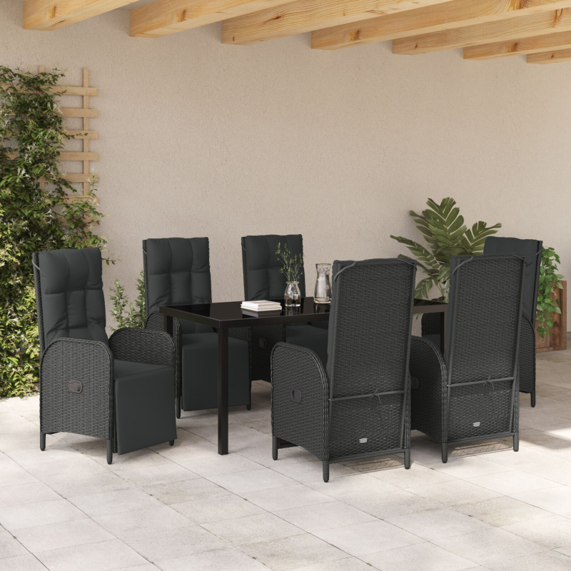 7-teiliges Garten Esszimmer Set mit Kissen aus schwarzem Poly-Rattan