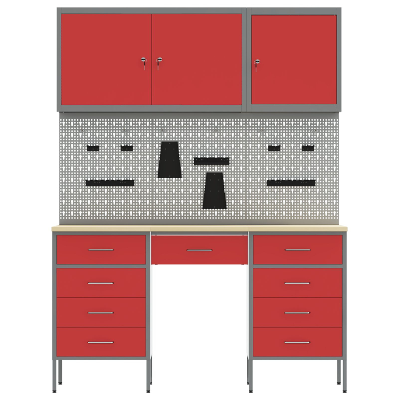 8-teiliges Werkstattschrank- und Pegboard-Set in Rot aus MDF und Metall