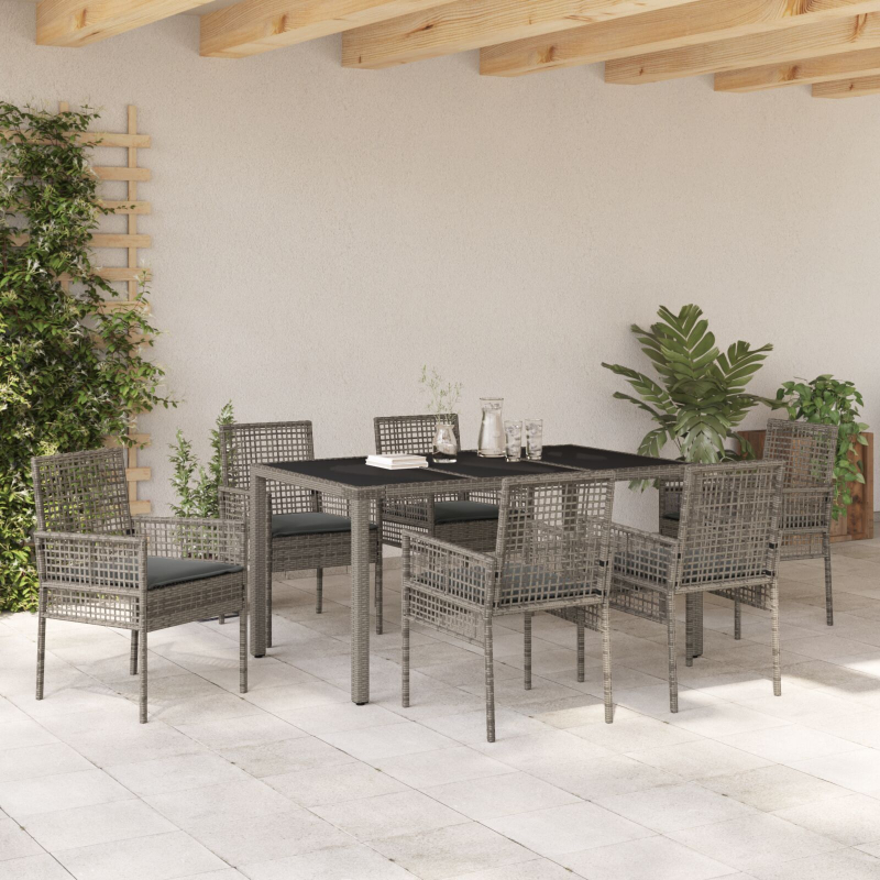 7-teilige Garten-Essgruppe mit Kissen Grau Poly Rattan