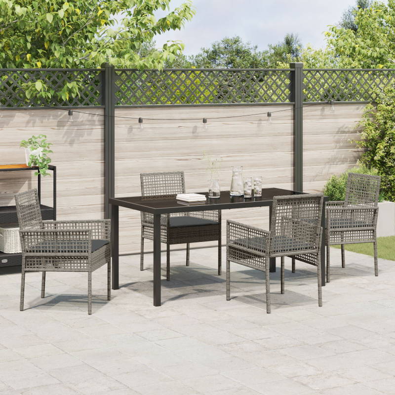 5-teiliges Garten-Dining-Set mit Kissen Grau Poly-Rattan