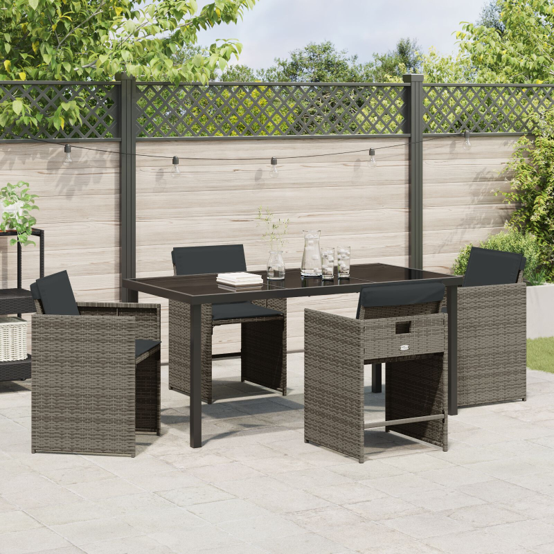 5-teiliges Garten-Ess-Set mit Kissen Grau Poly-Rattan
