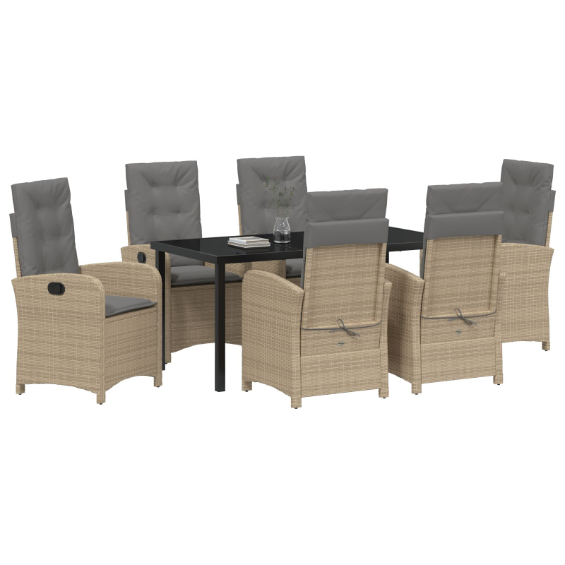 7-teiliges Garten-Essset mit Kissen Beige Poly Rattan