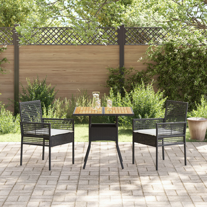 3-teiliges Garten-Essset mit Kissen Schwarz Poly Rattan
