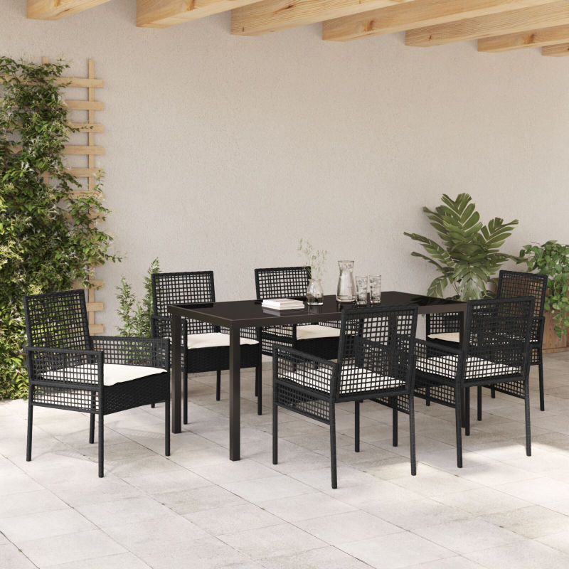 7-teiliges Garten Essset mit Kissen Schwarzes Poly-Rattan