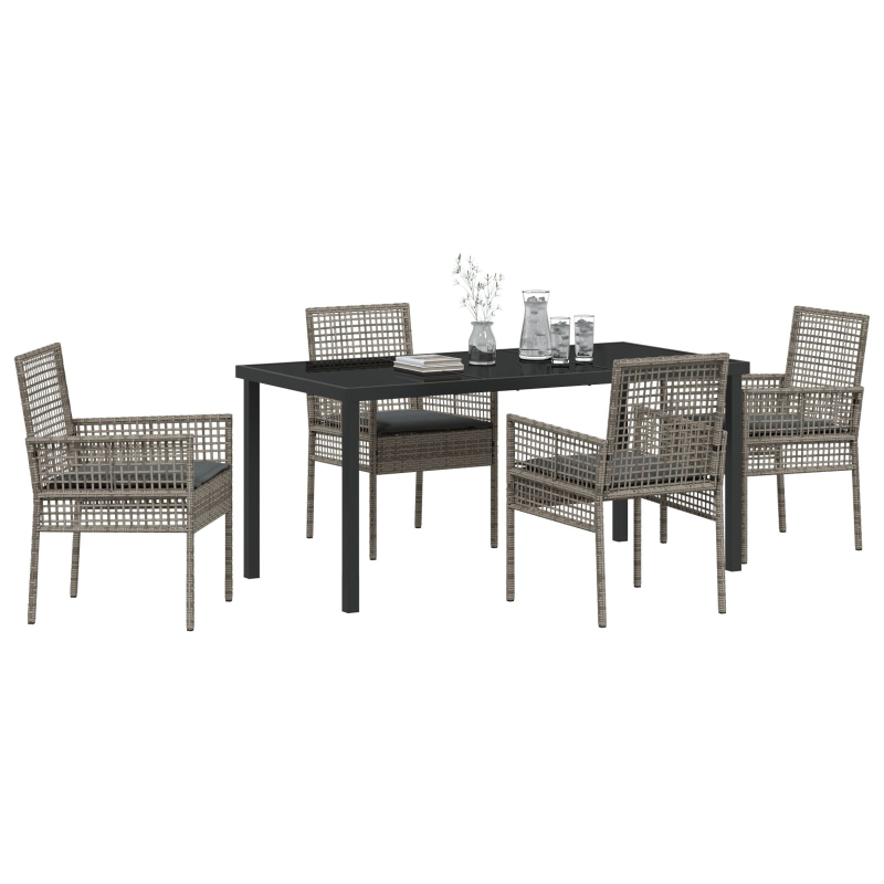 5-teiliges Garten-Dining-Set mit Kissen Grau Poly-Rattan
