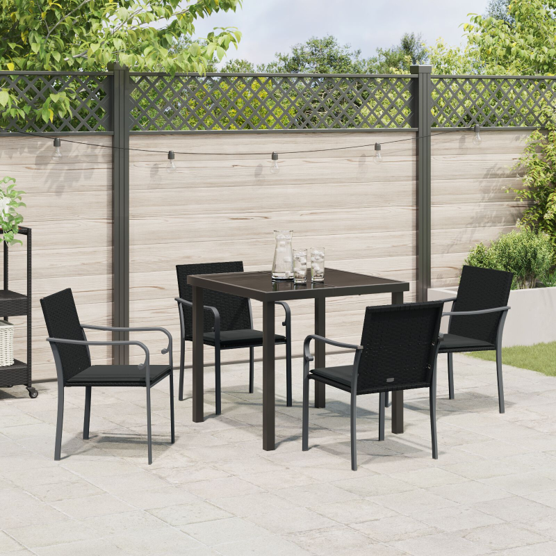5-teiliges Garten-Dining-Set mit Kissen in Schwarz aus Poly-Rattan