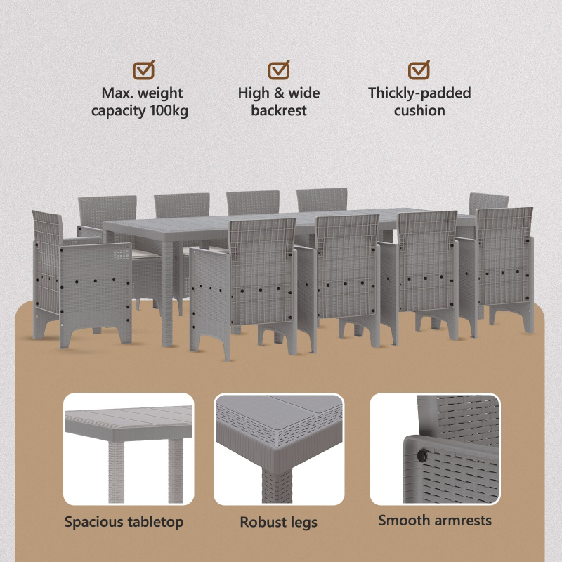 11-teiliges Garten Esstisch Set mit Kissen Hellgrau Poly-Rattan