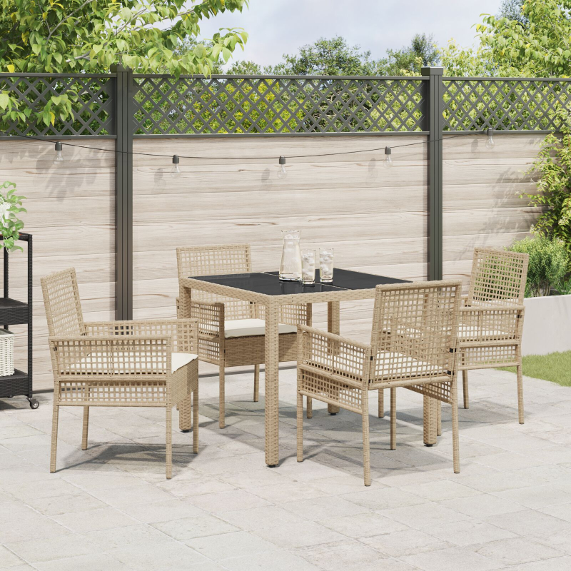 5-teilige Garten-Speisegruppe mit Kissen Beige Poly Rattan