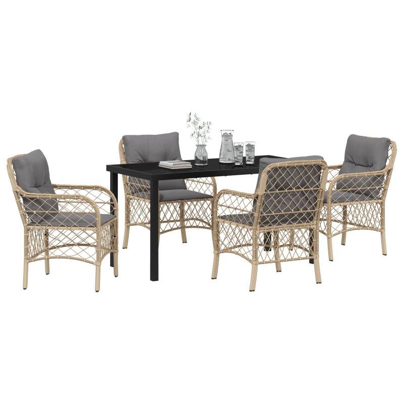 5-teiliges Garten-Essgruppen-Set mit Kissen Beige Poly Rattan