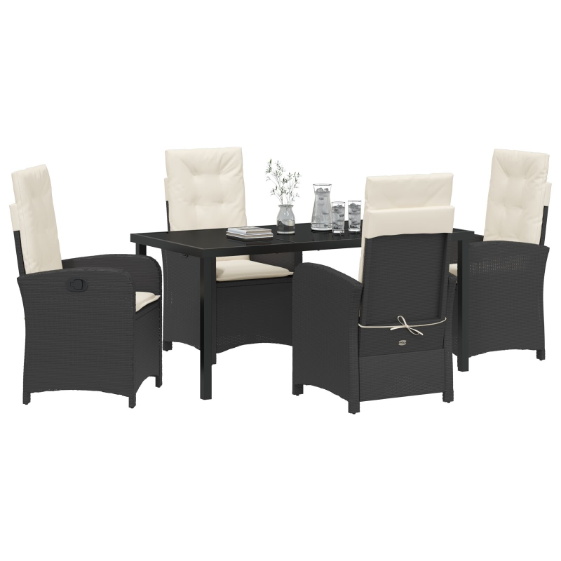 5-teiliges Garten-Dining-Set mit Kissen Schwarz Poly Rattan