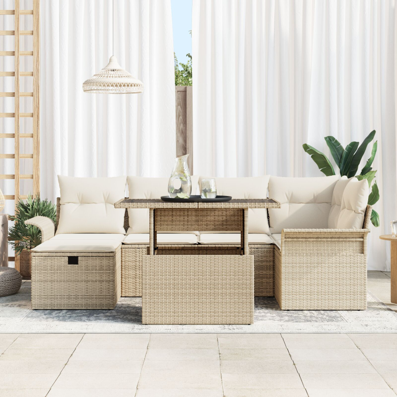 7-teiliges Garten Sofa Set mit Kissen Beige Poly Rattan