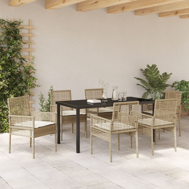 7-teilige Garten Essgruppe mit Kissen Beige Poly Rattan
