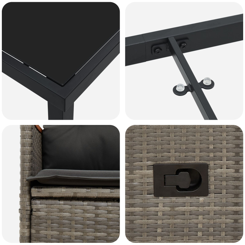 3-teiliges Garten-Ess-Set mit Kissen in Grau und Poly-Rattan