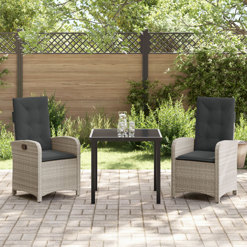 3-teiliges Garten-Dining-Set mit Kissen in hellgrauem Poly-Rattan