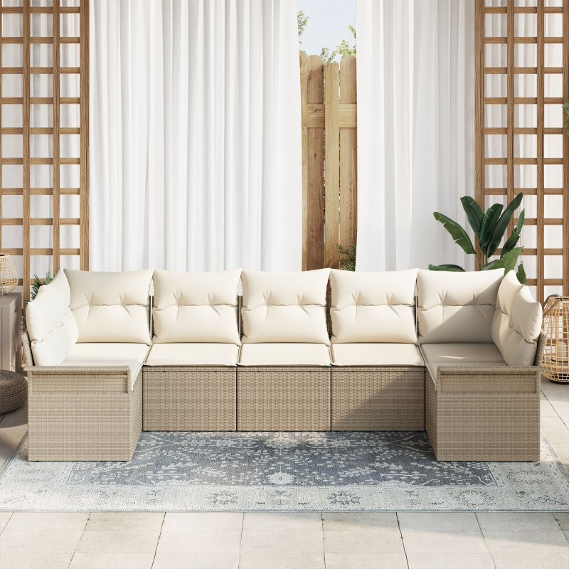 7-teiliges Garten-Sofaset mit Kissen Beige Poly-Rattan