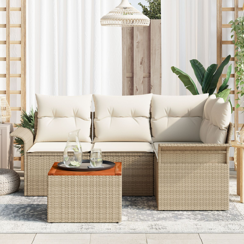 5-teiliges Garten Sofa Set mit Kissen Beige Poly Rattan Akazie