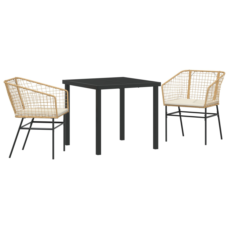 3-teiliges Garten-Essset mit Kissen Braun Poly-Rattan