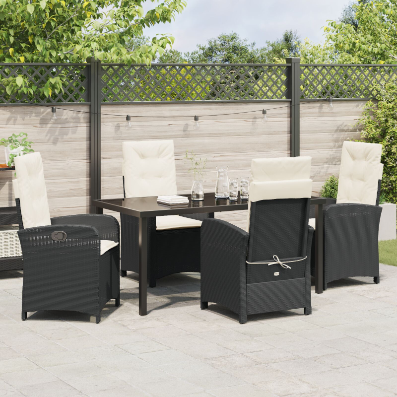5-teiliges Garten-Dining-Set mit Kissen Schwarz Poly Rattan