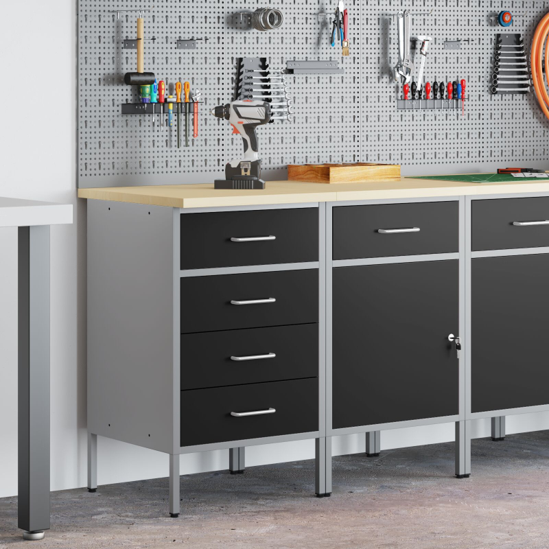 2-teiliges Werkstattschrank-Set in Schwarz und Grau aus Holzwerkstoff und Stahl