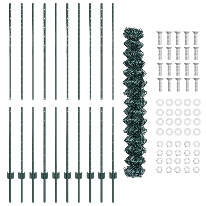 Kettenzaun mit 10 U-Stützen Grün 1,6x10 m Stahl