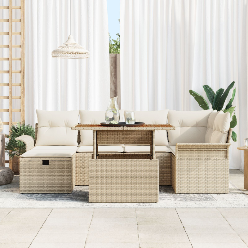 7-teiliges Garten Sofa Set mit Kissen Beige Poly Rattan