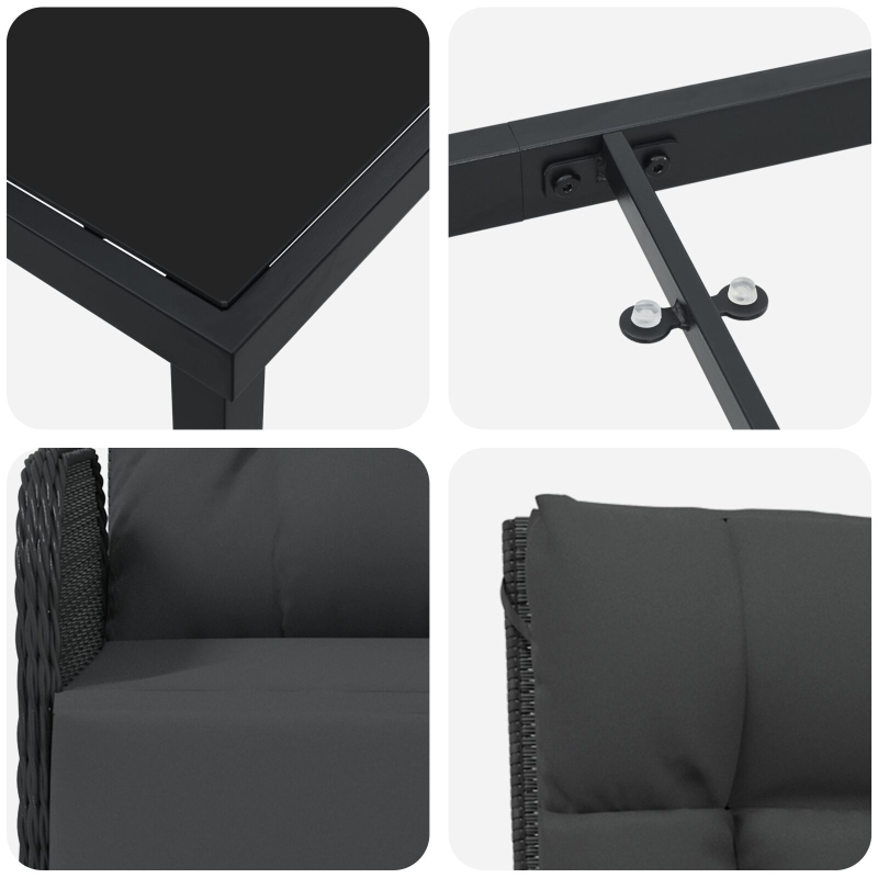 7-teiliges Garten Esszimmer Set mit Kissen aus schwarzem Poly-Rattan