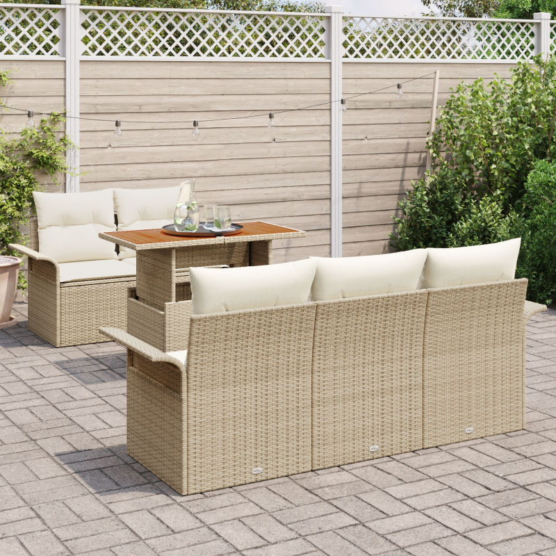 6-Teiliges Garten Sofa Set mit Kissen Beige Poly Rattan Akazie