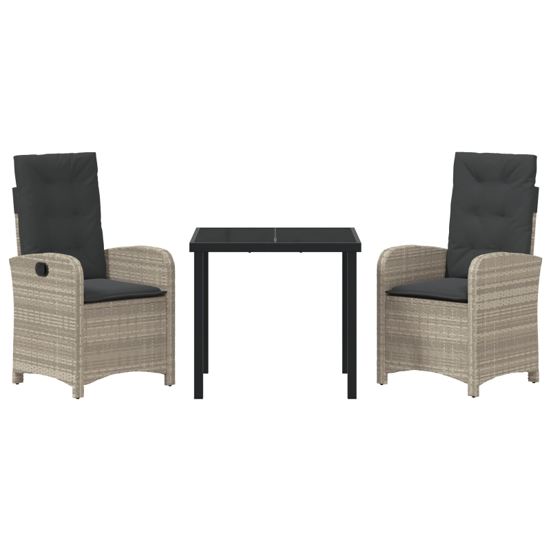 3-teiliges Garten-Dining-Set mit Kissen in hellgrauem Poly-Rattan